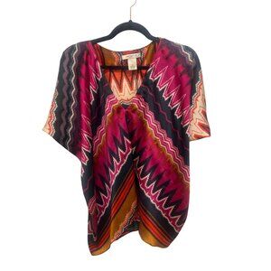 Arden B Womens Zigzag Print Top V-Neck Short Sleeve Blouse XS Polyester Multicol